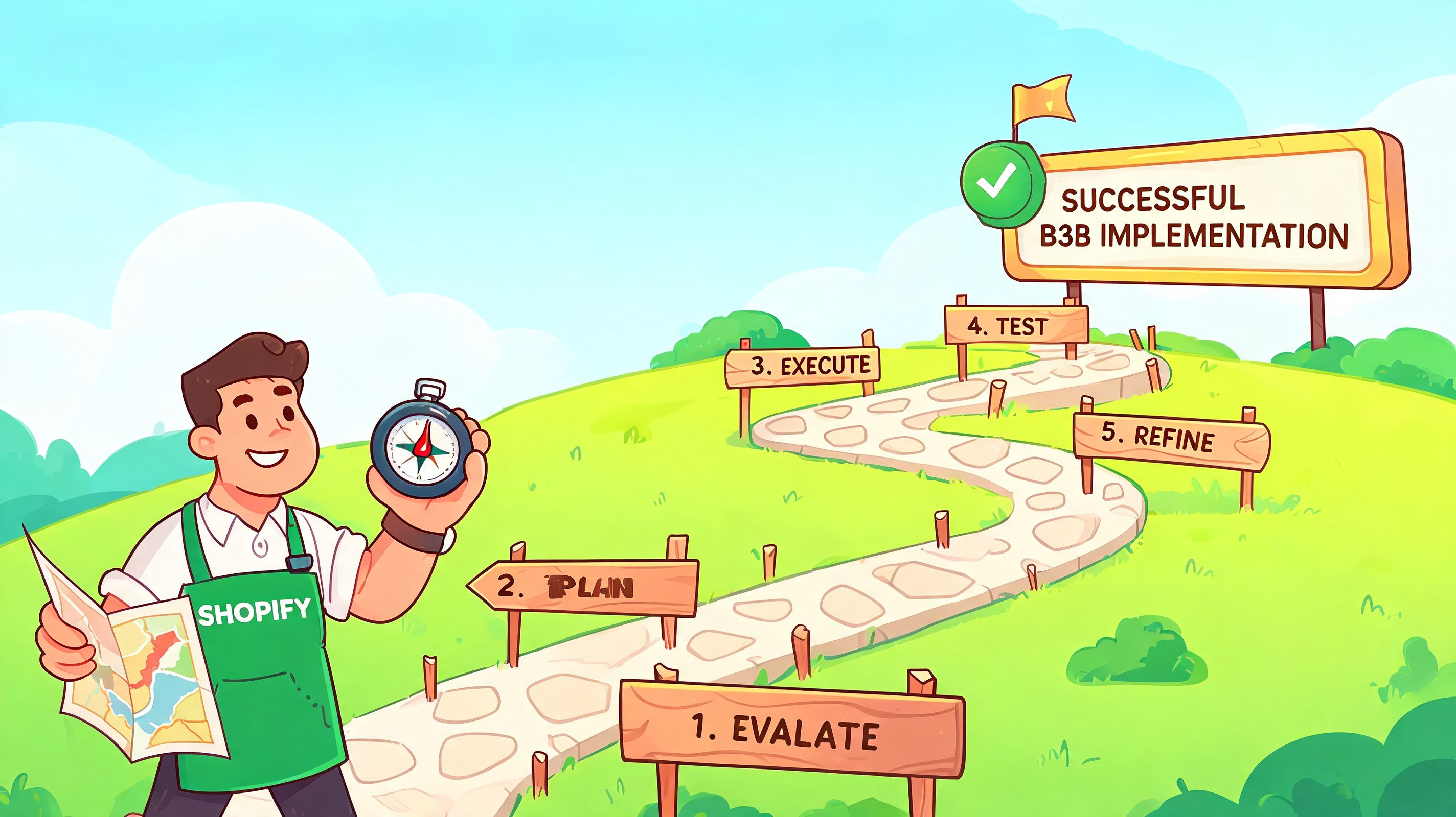A character holding a compass and map guiding the path toward a successful B2B ecommerce implementation strategy.