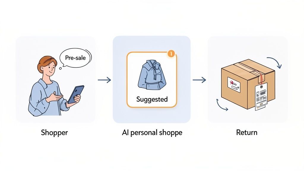 A diagram illustrates a shopper interacting with an AI personal shopper, leading to product suggestions and potential returns.
