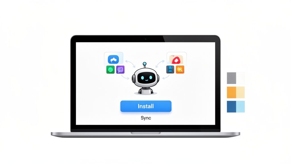 Laptop screen showing a friendly robot installing and syncing multiple applications for automated setup.
