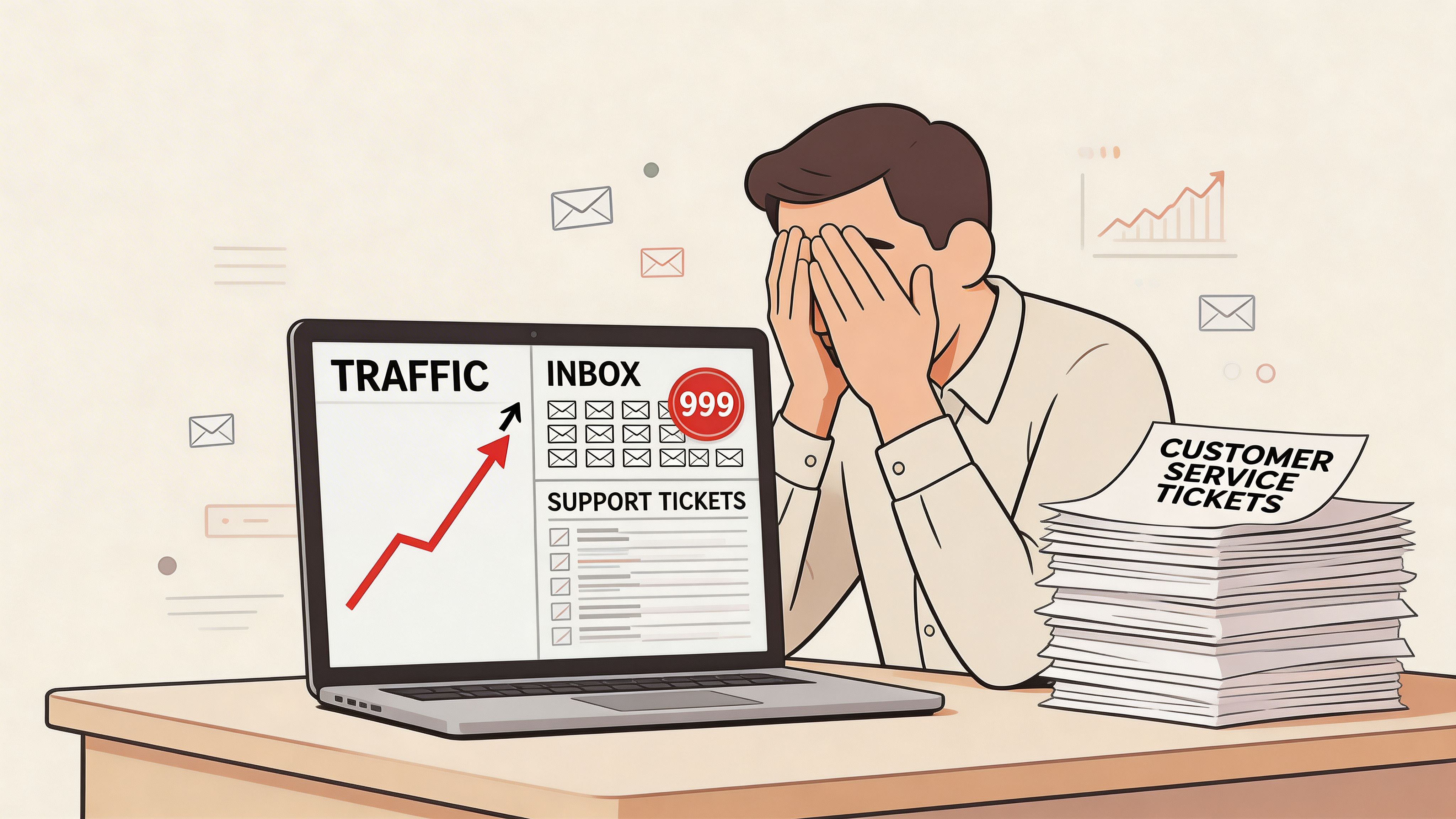 A stressed customer service representative sits at a desk overwhelmed by a large stack of support tickets.