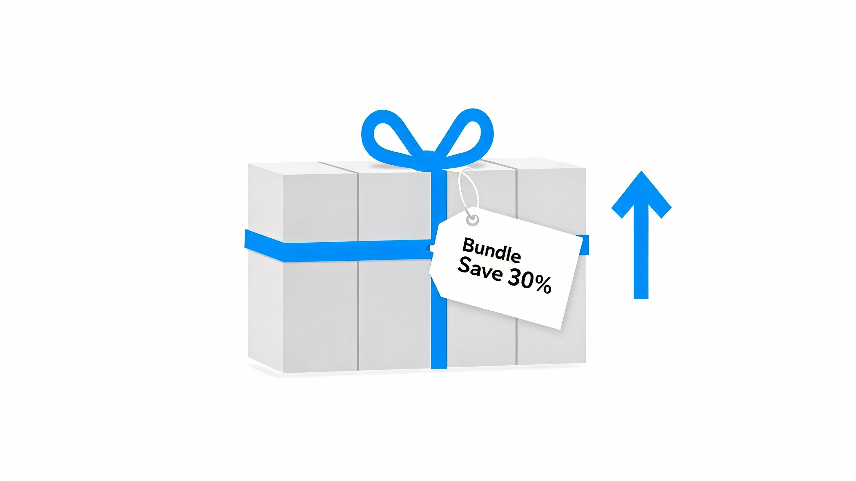 A 3D gift bundle illustration with a tag showing a thirty percent discount and an upward blue arrow.