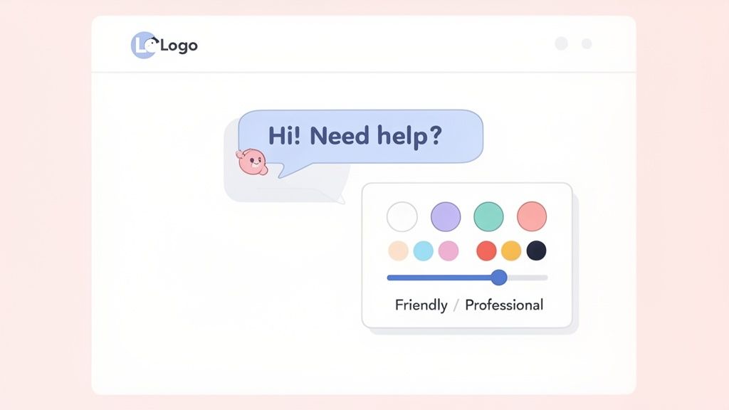 A chat widget with 'Hi! Need help?' message, color options, and friendly/professional tone slider.