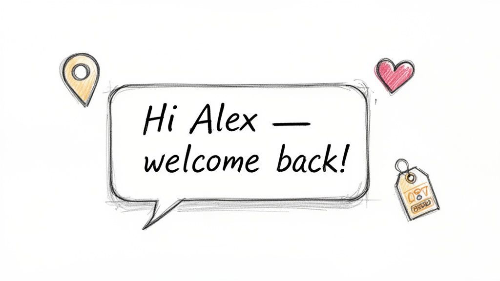Sketch of a speech bubble saying 'Hi Alex - welcome back!' with a pin, heart, and tag.