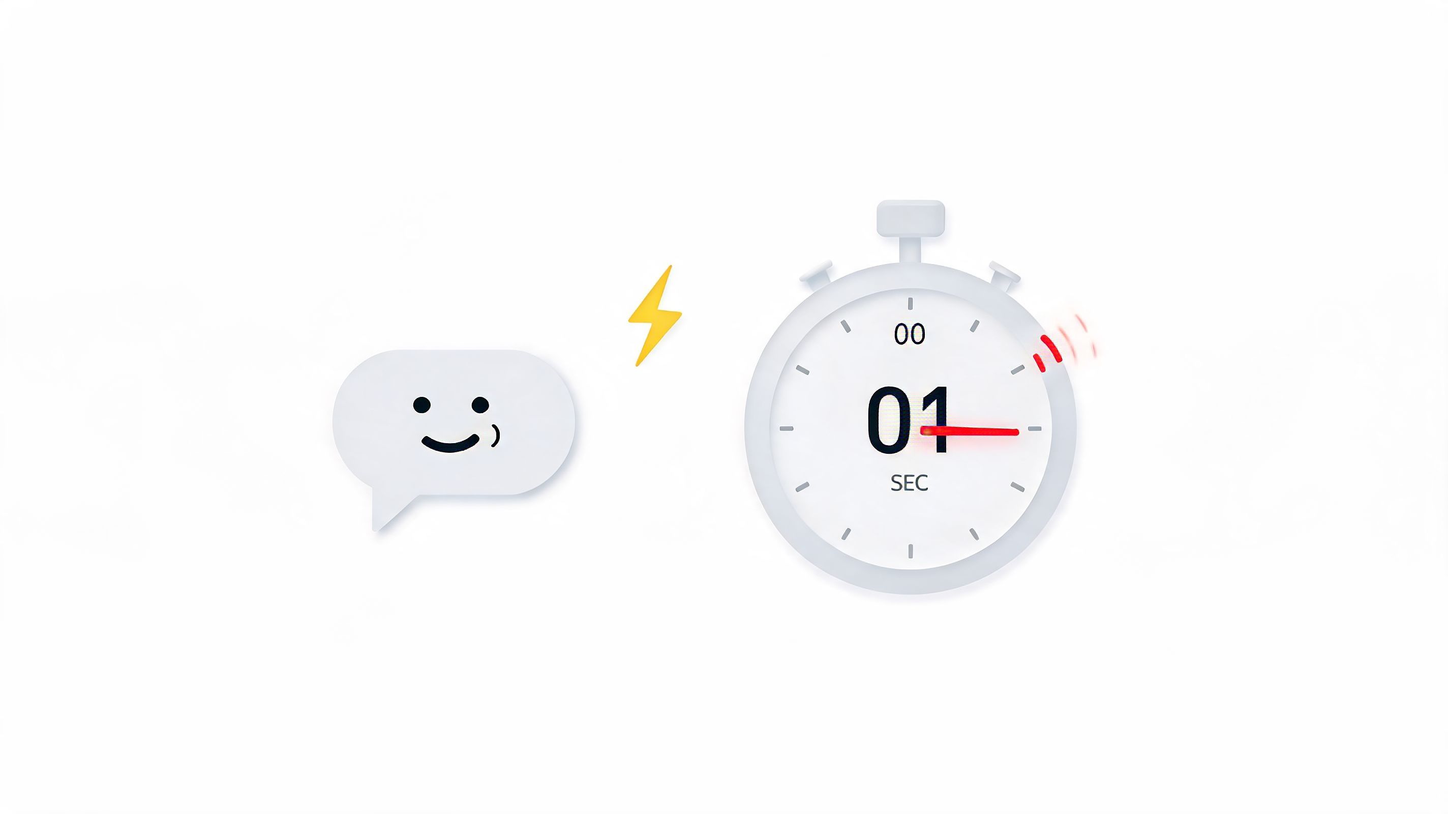 A minimalist graphic featuring a smiling chat bubble and a stopwatch indicating a one second response time.