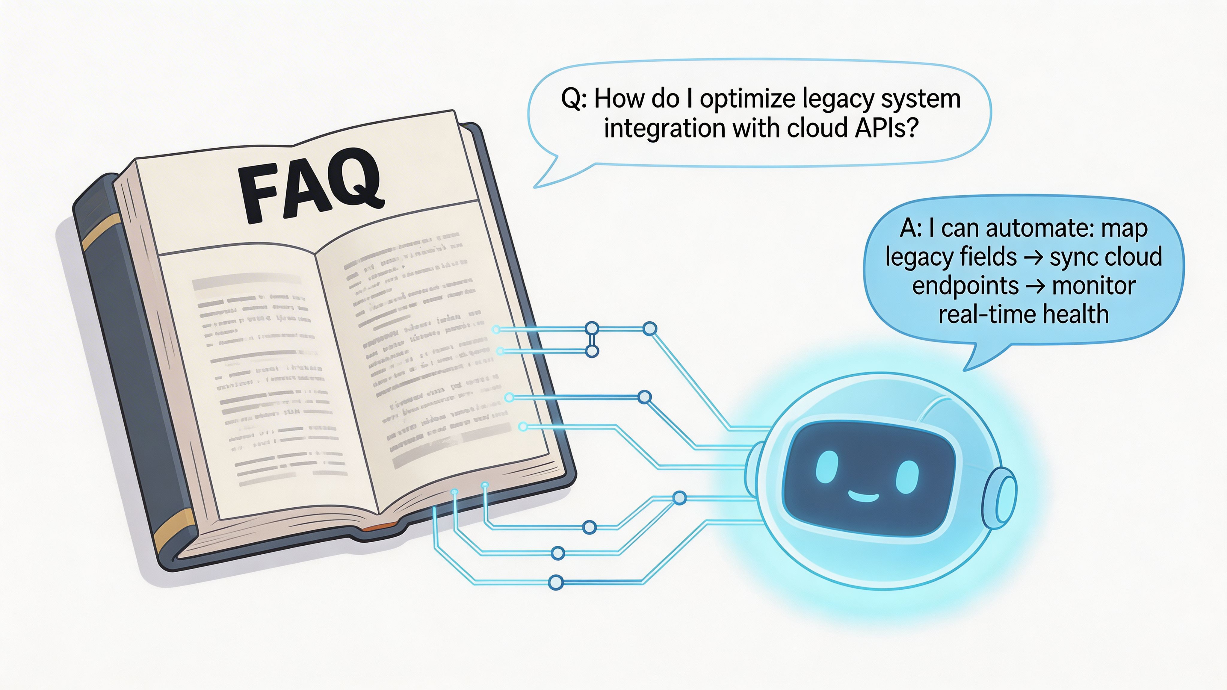 A friendly cartoon robot pulling information from a frequently asked questions book to answer integration queries.