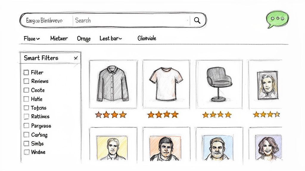 Hand-drawn sketch of an e-commerce website featuring a search bar, smart filters, product listings, and user profiles.