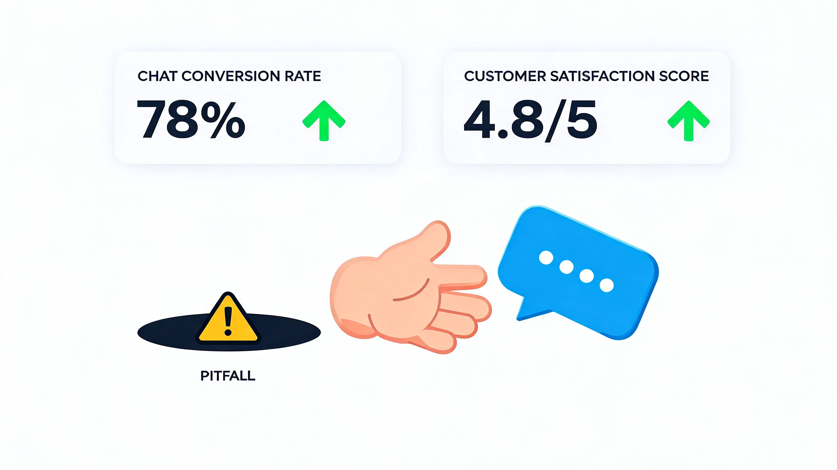 A digital graphic showing high conversion and satisfaction metrics alongside a hand gesture near a pitfall symbol.