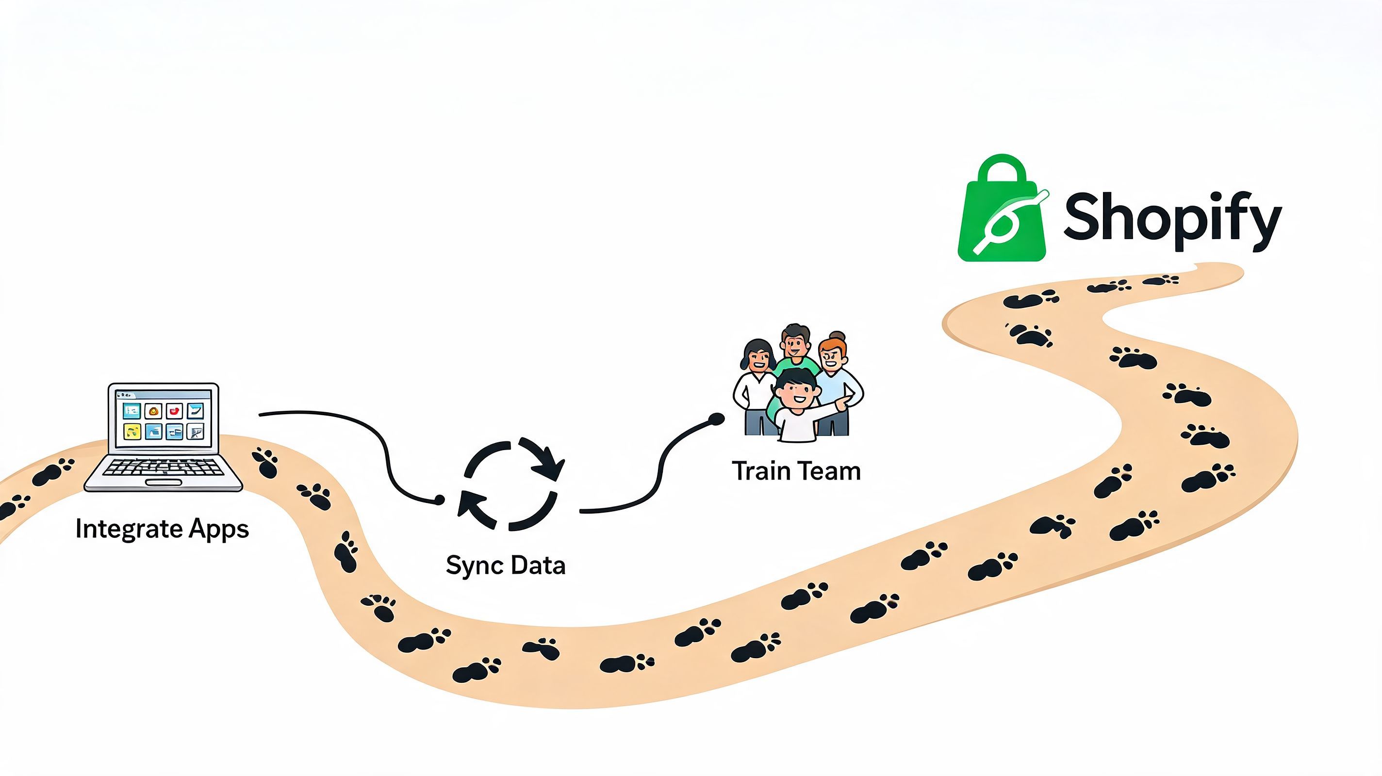 A conceptual pathway showing the steps of integrating apps, syncing data, and training teams for Shopify.