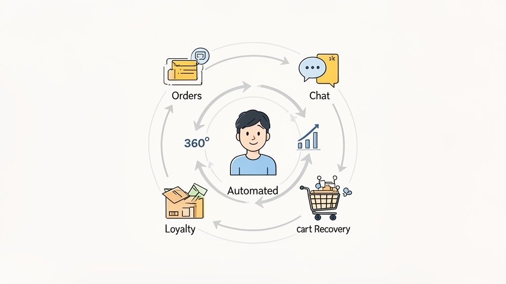 Automated 360-degree customer lifecycle with orders, chat, cart recovery, and loyalty in e-commerce.