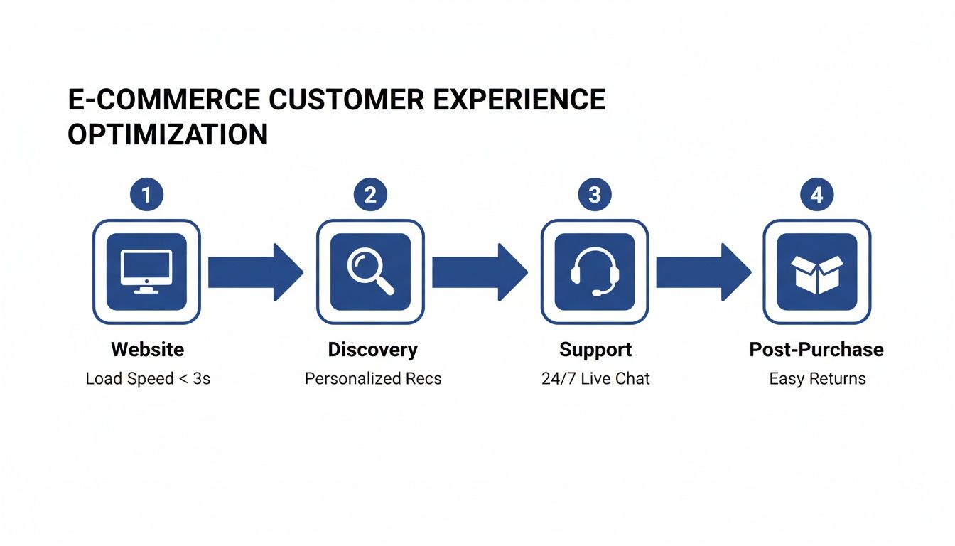Flowchart illustrating four steps to optimize e-commerce customer experience: website, discovery, support, and post-purchase.
