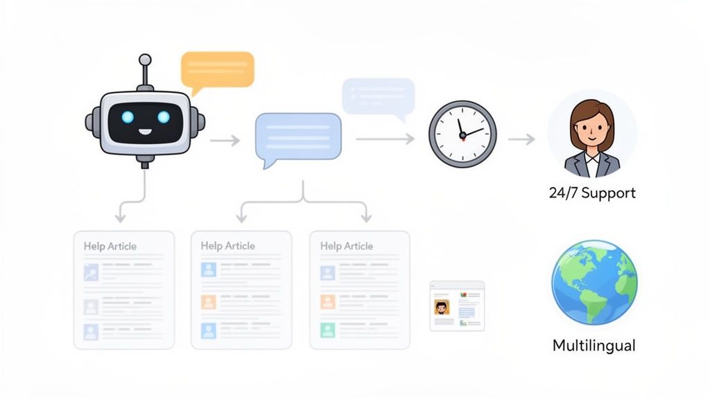 A diagram illustrating a chatbot providing help articles, then escalating to 24/7 multilingual human support.