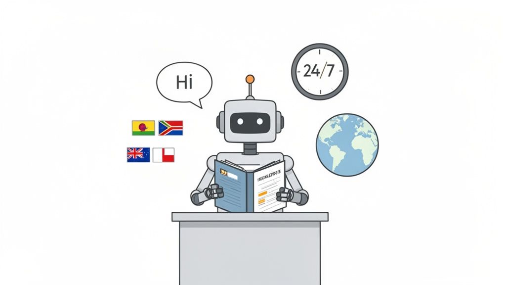 A friendly robot chatbot provides 24/7 multilingual customer support with global reach.