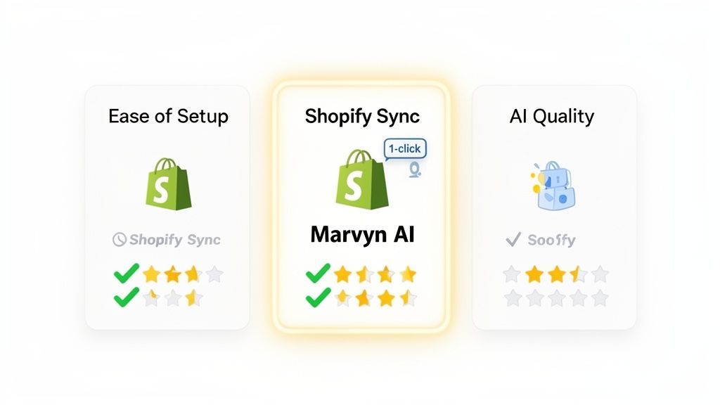 A comparison chart highlighting Ease of Setup, Shopify Sync, and AI Quality for different e-commerce solutions, featuring Marvyn AI.