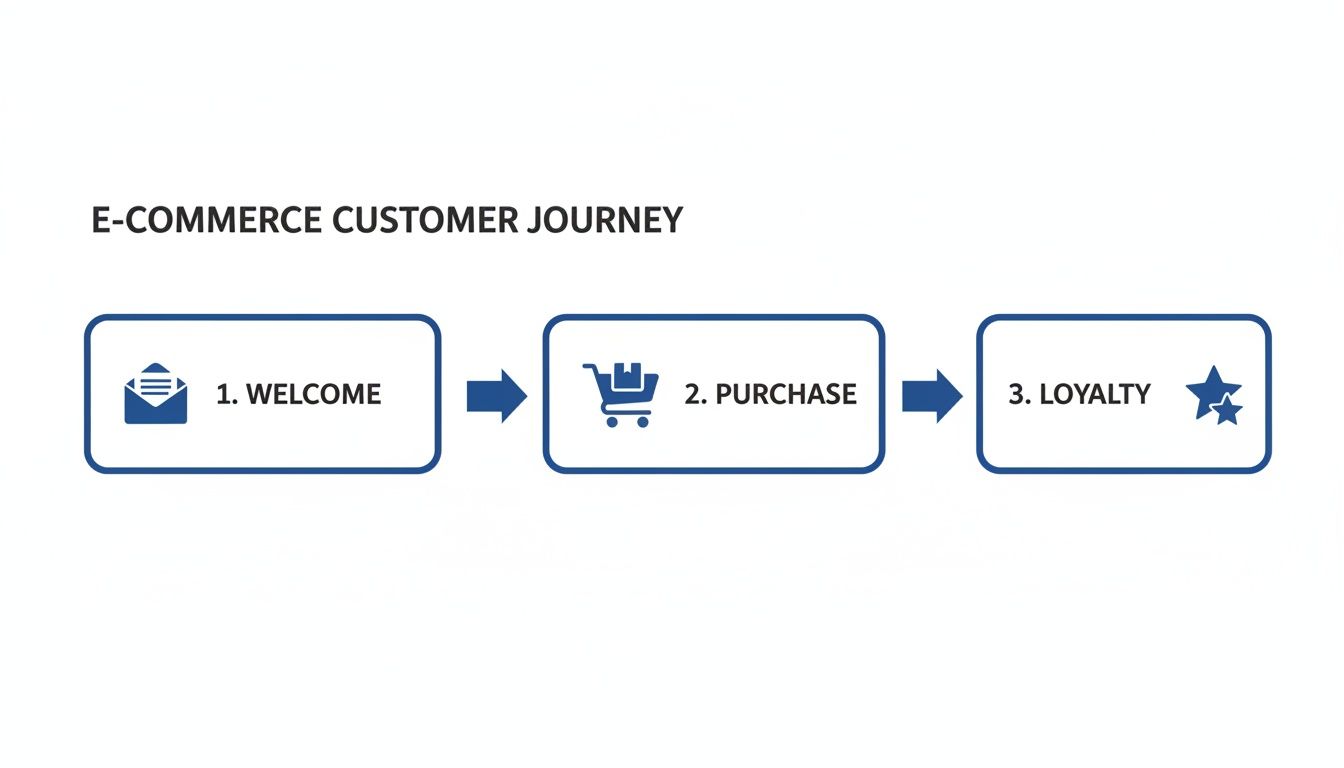 Infographic illustrating the three-step e-commerce customer journey: welcome, purchase, and customer loyalty.