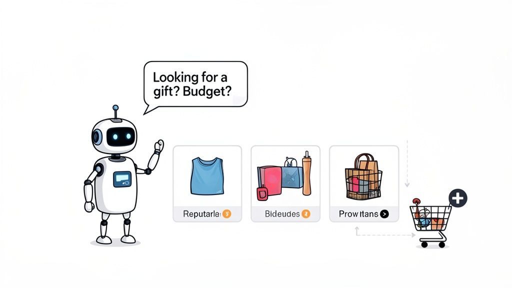 A friendly robot chatbot assists with online shopping, suggesting gifts and adding items to a cart.