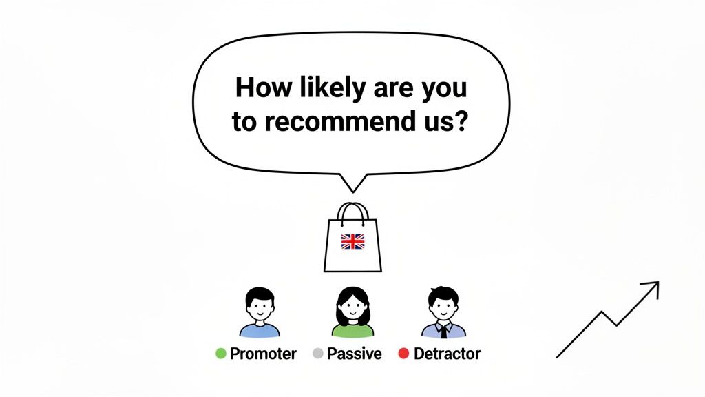 NPS survey graphic asking 'How likely are you to recommend us?' with promoter, passive, and detractor categories.