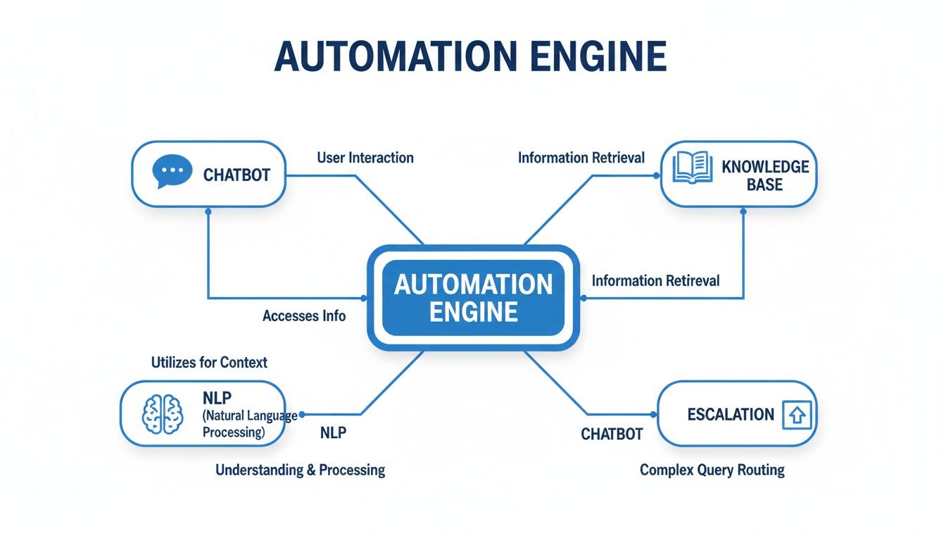 Diagram showing an Automation Engine connected to Chatbot, Knowledge Base, NLP, and Escalation for customer support.