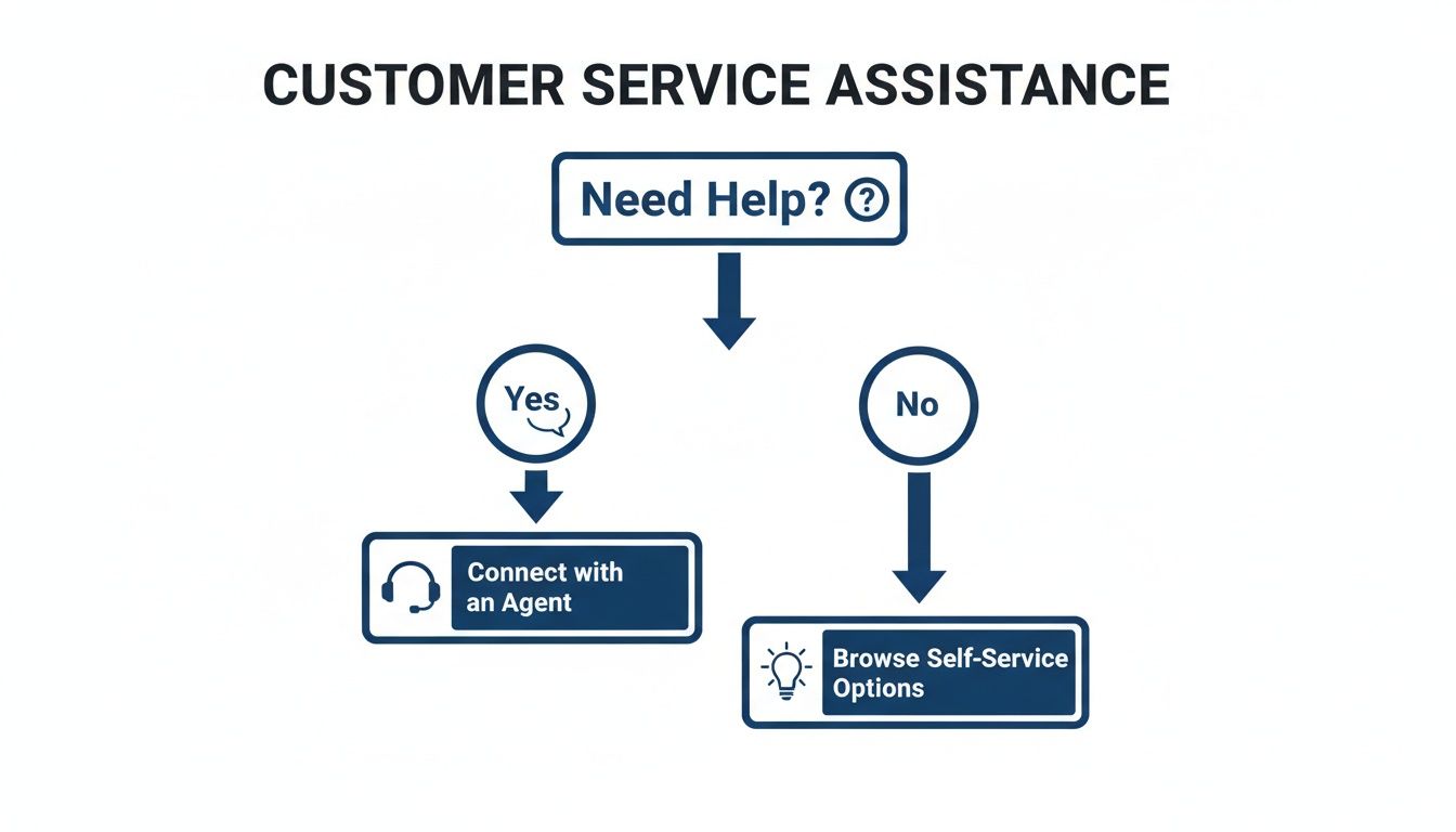 Decision flowchart for customer service, offering choices to connect with an agent or browse self-service options.