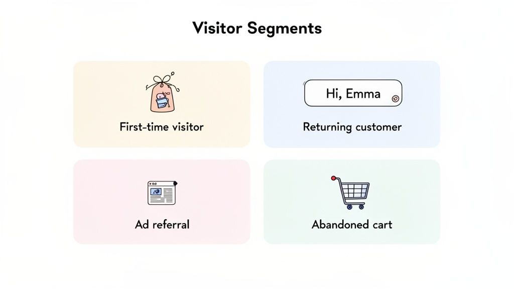 Illustration of website visitor segmentation categories: first-time, returning customer, ad referral, and abandoned cart.