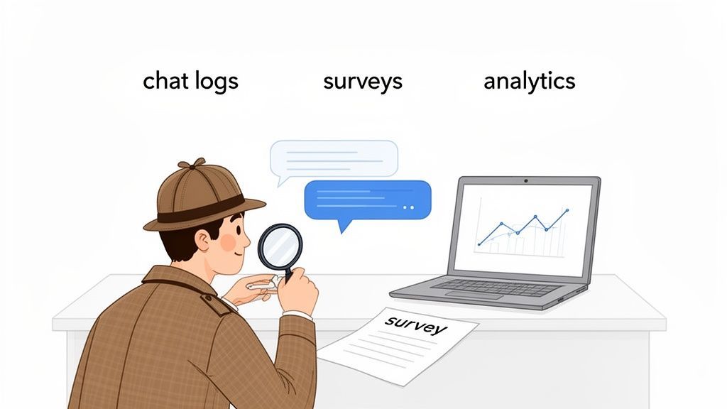 A detective analyzing customer data from chat logs, surveys, and analytics on a laptop.