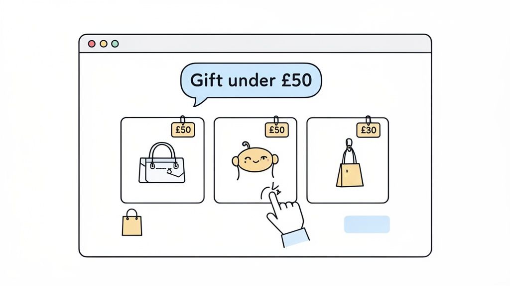An online shopping page displaying gift options under £50, with a hand clicking a baby product.