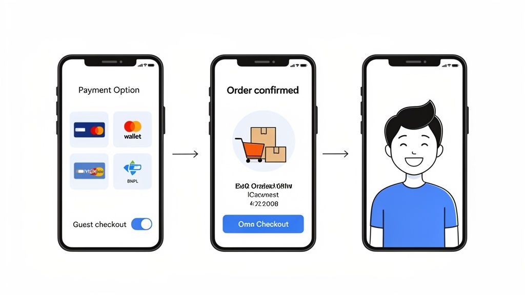 Three smartphone screens illustrating an e-commerce payment, order confirmation, and happy customer experience flow.