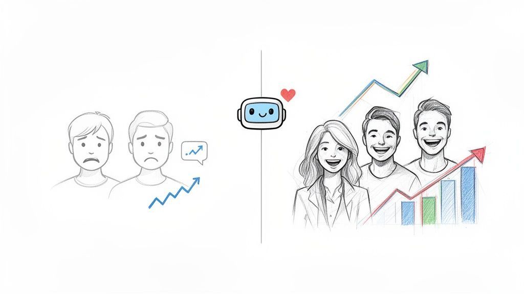 Sad people and slow growth become happy people and strong growth through a friendly robot.