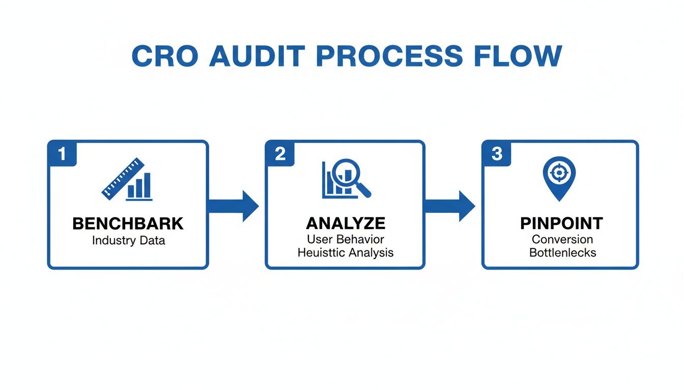 CRO audit process flow with steps: benchmark industry data, analyze user behavior, pinpoint conversion bottlenecks.