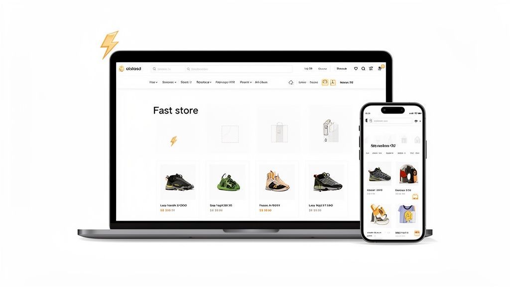 Side-by-side view of a laptop and smartphone showing an online fast store selling products.