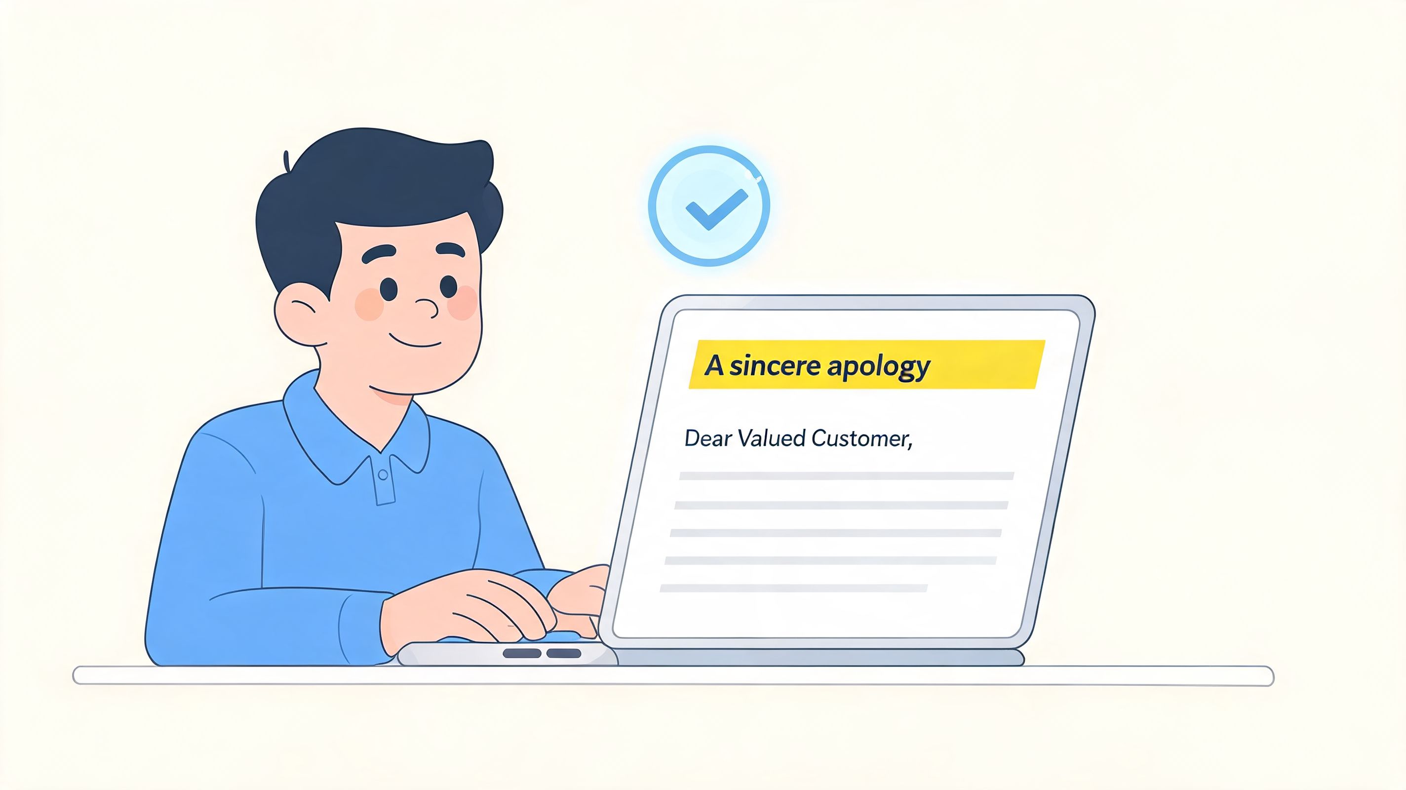 A young man sitting at a laptop computer drafting a sincere apology email to a customer.