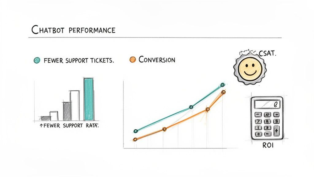Hand-drawn chart illustrating chatbot performance metrics: fewer support tickets, conversion, CSAT, and ROI.