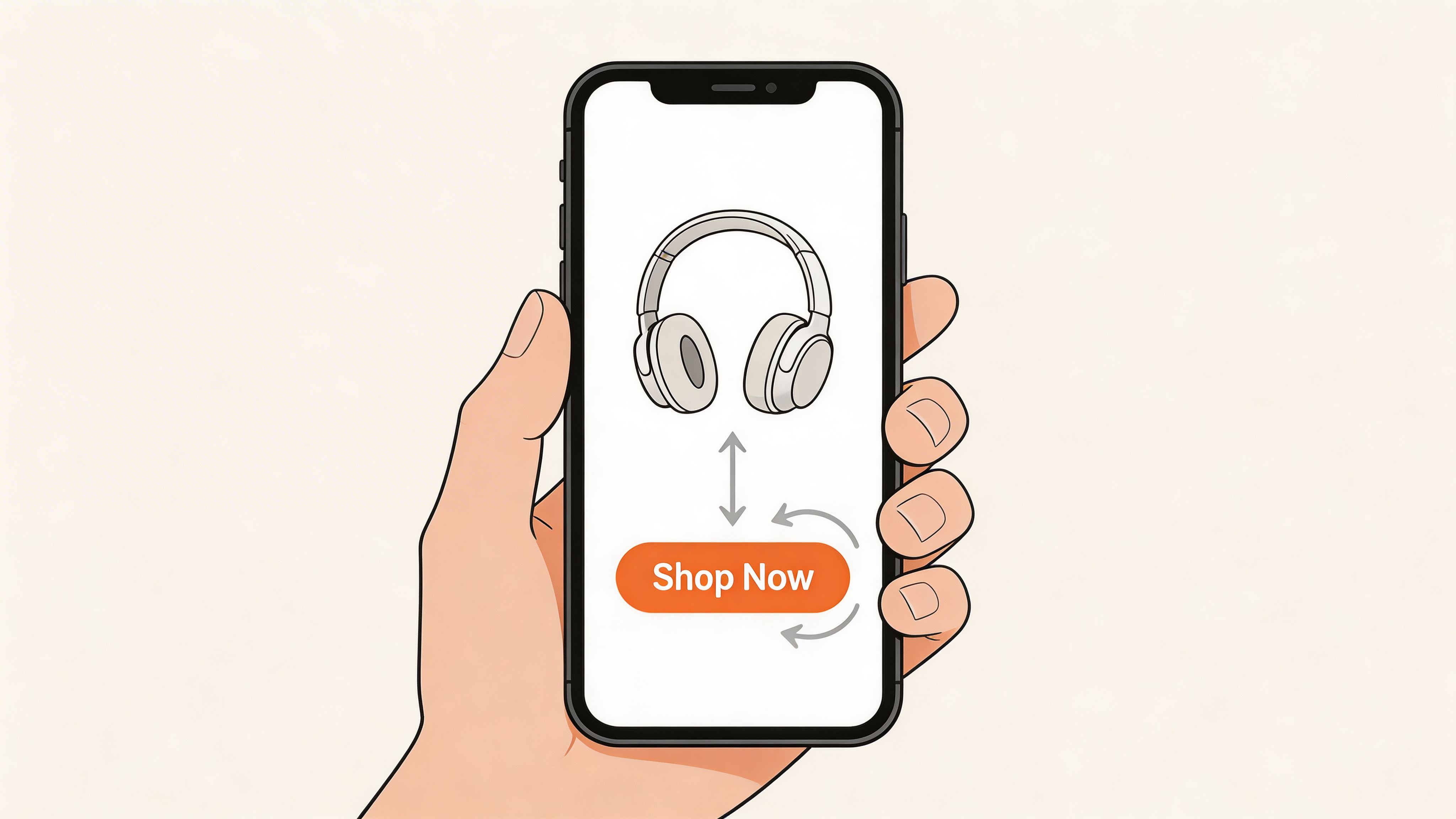 A hand holding a smartphone displaying headphones and a Shop Now button, illustrating online shopping on Instagram.