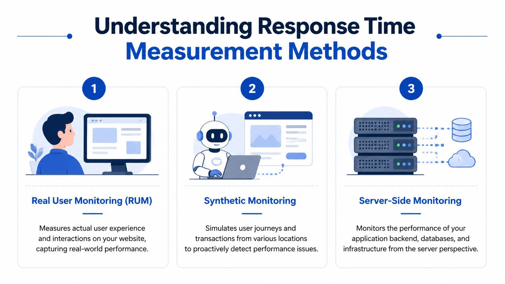An infographic showing three methods for measuring response time: Real User Monitoring, Synthetic Monitoring, and Server-Side Monitoring.
