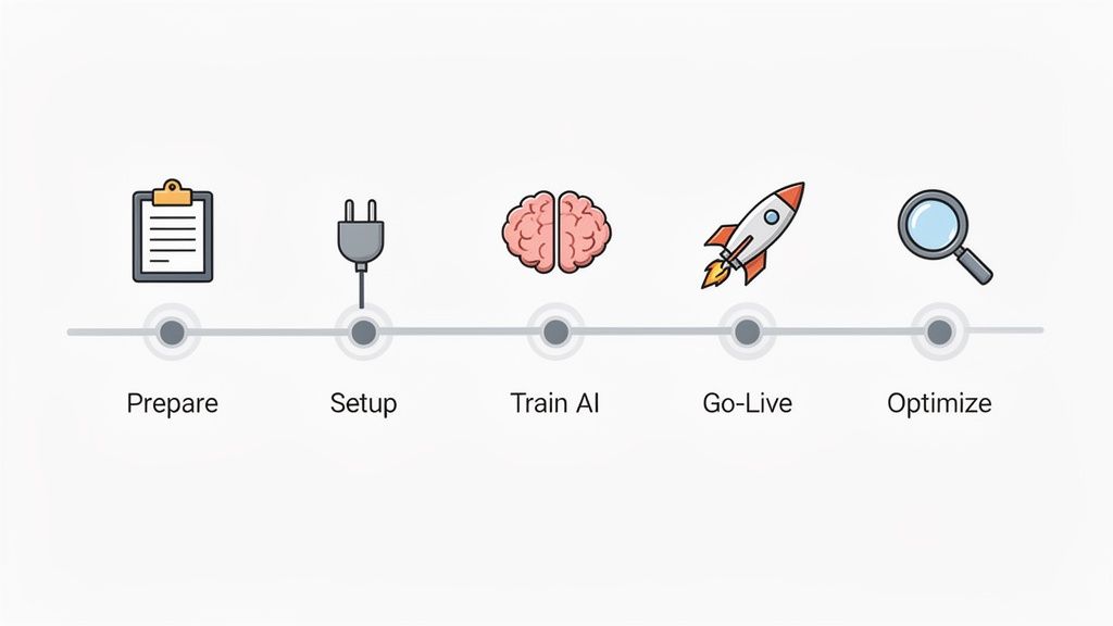 A five-step infographic showing the process for AI development: prepare, setup, train AI, go-live, optimize.