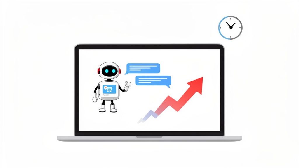 A robot chatbot on a laptop screen with chat bubbles and an upward sales trend graph.