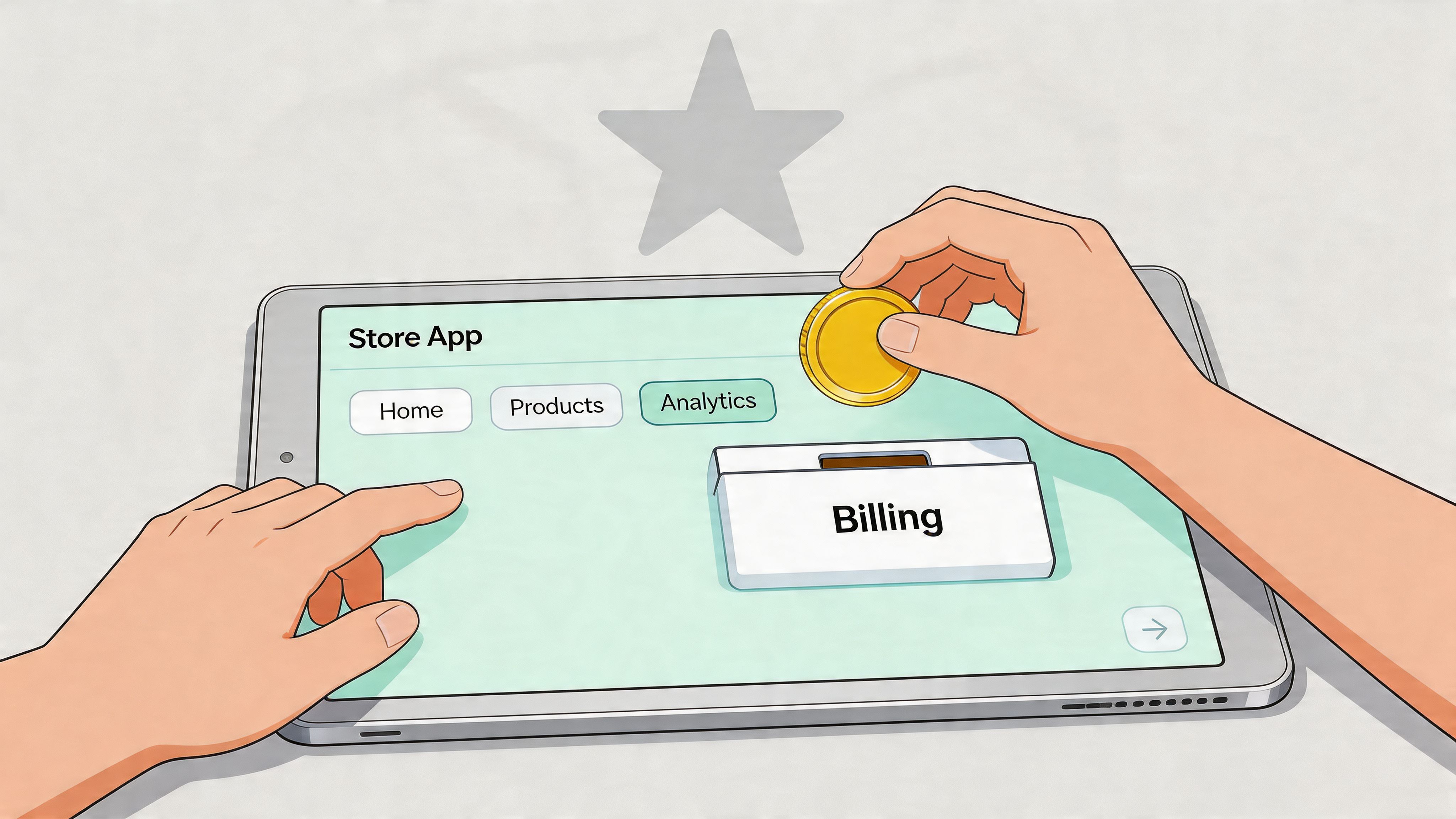 A hand placing a gold coin into a digital billing box on a tablet screen interface.