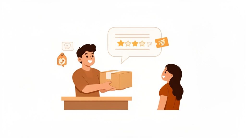 A man delivers a package to a happy woman, receiving a positive 4-star rating and a discount coupon.