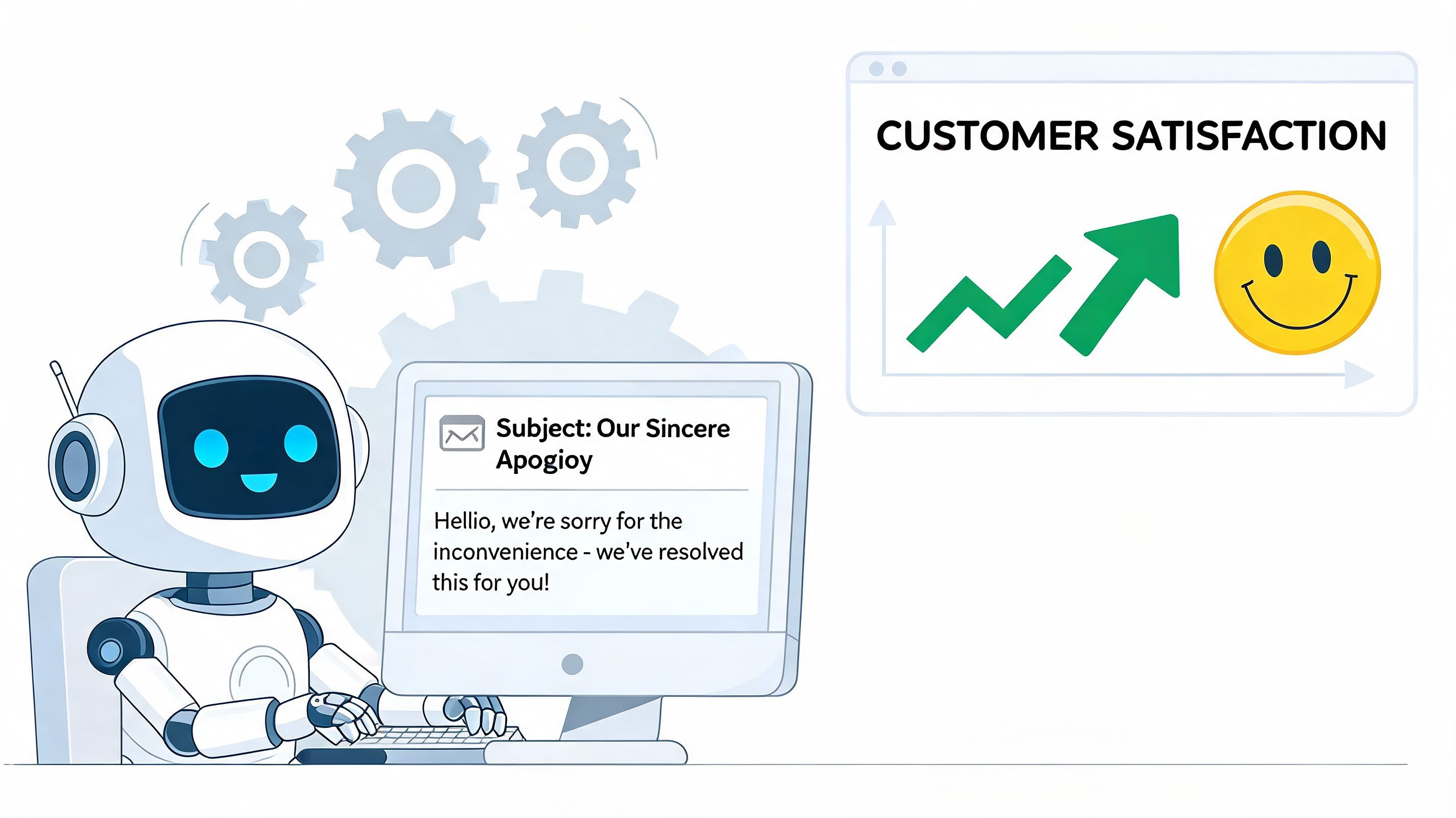 A friendly robot typing an apology email on a computer, improving overall customer satisfaction and experience.