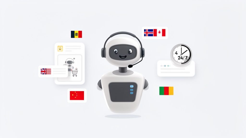 Friendly AI chatbot with headset, flags, and 24/7 clock, illustrating multilingual sales and support.