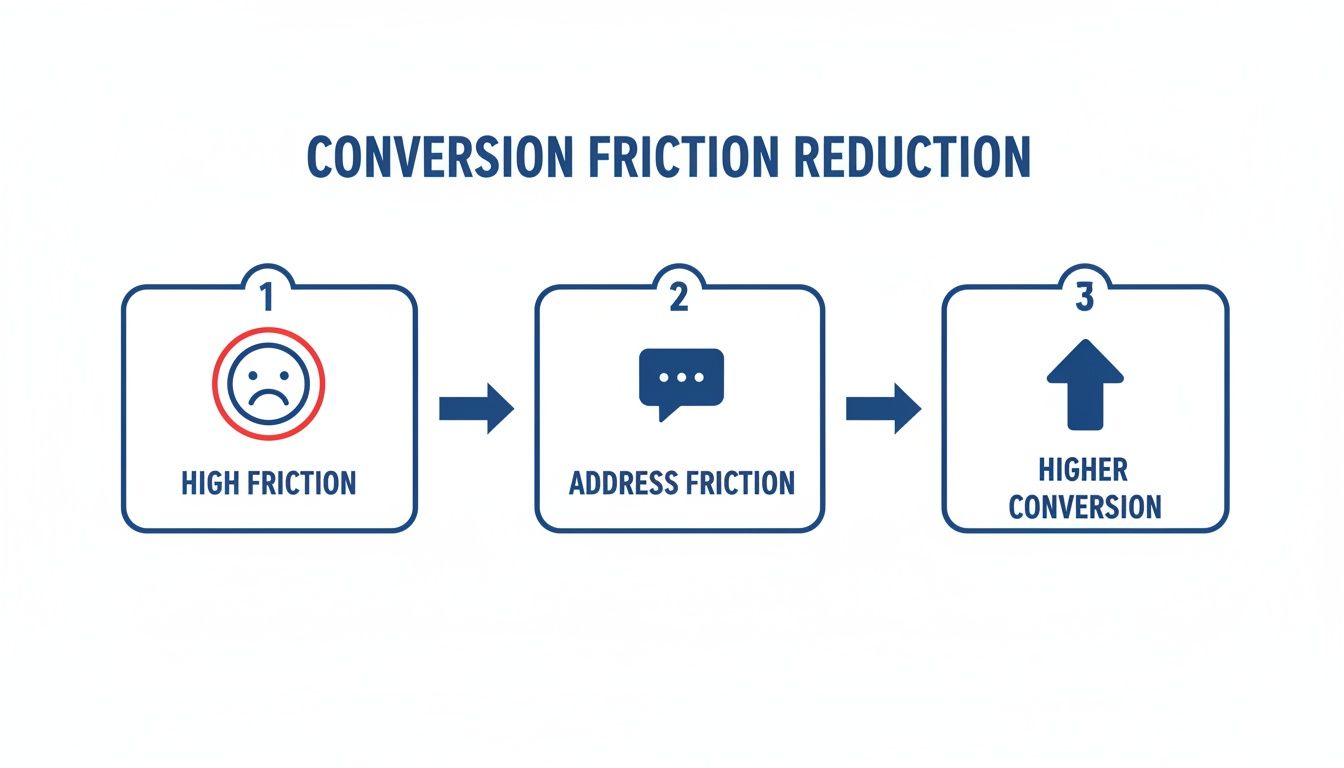 Flowchart demonstrating conversion friction reduction: identifying high friction, addressing it, and achieving higher conversion.