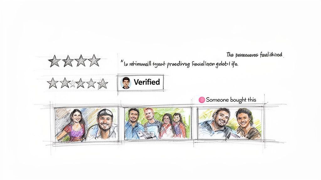 A hand-drawn sketch of a customer review section with star ratings, a verified badge, and customer photos.