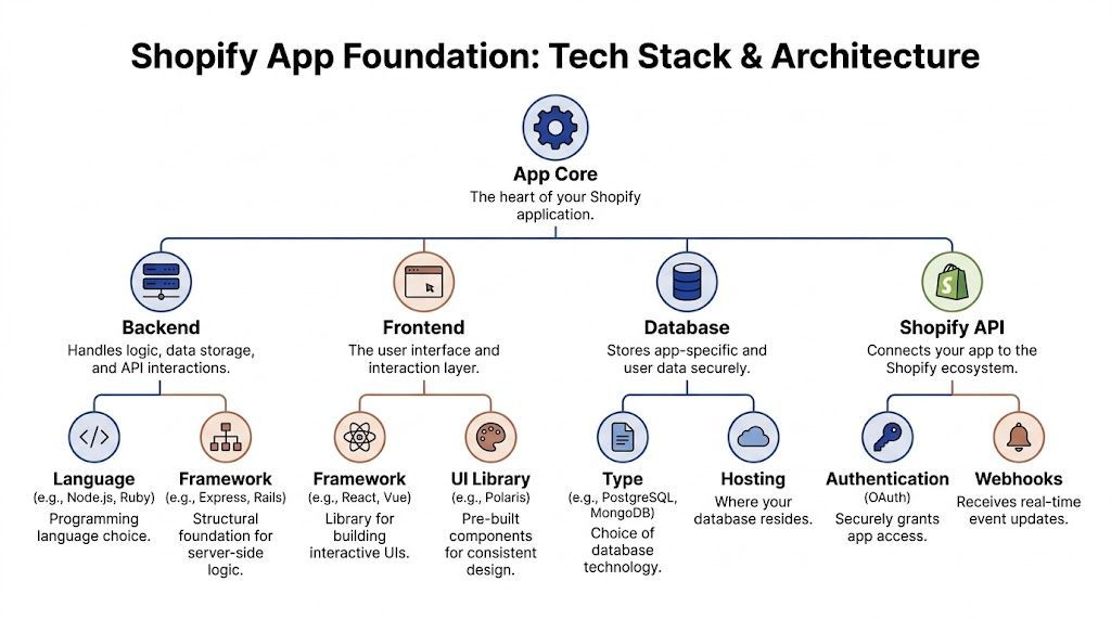A diagram illustrating the core tech stack and architecture components required for building a Shopify application.