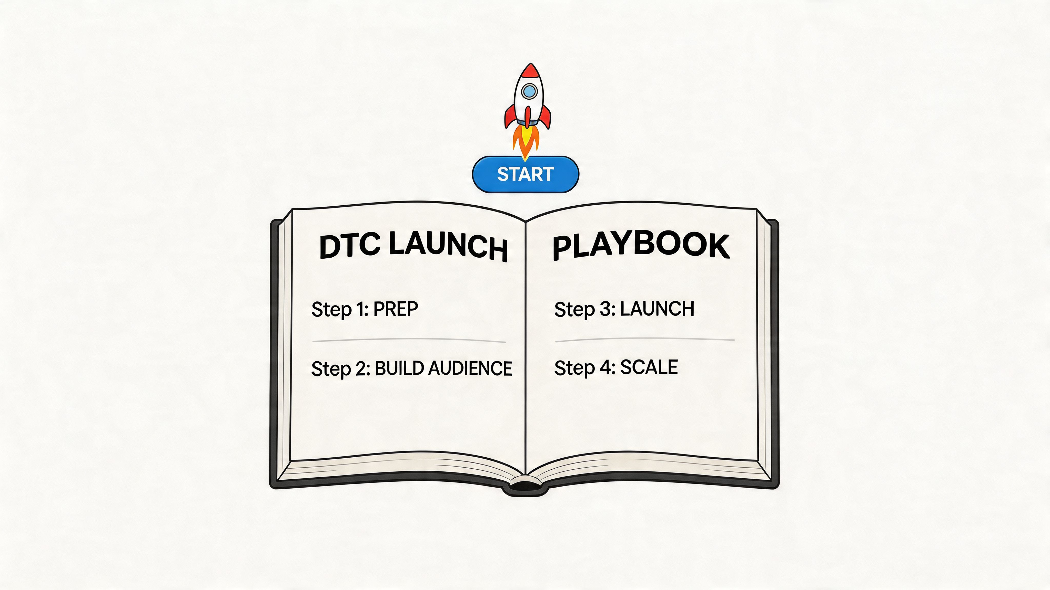 An open book titled DTC Launch Playbook, featuring four sequential steps for a direct to consumer brand strategy.