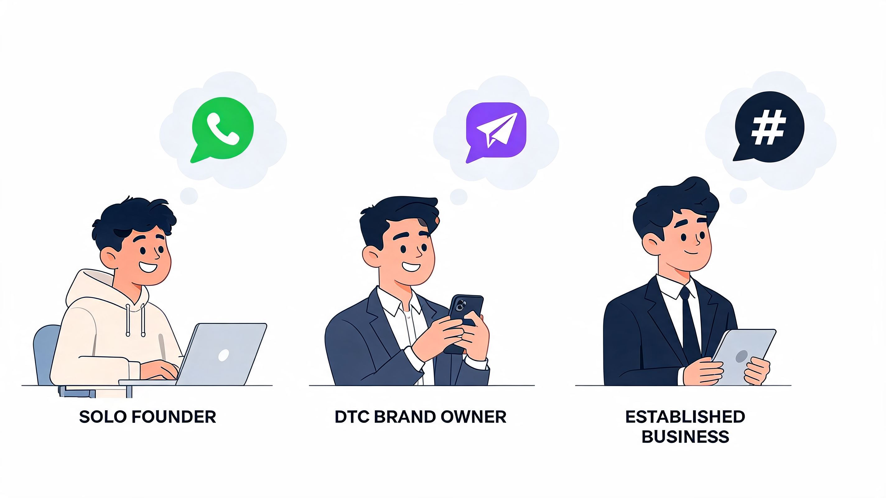 Three professional characters representing different business roles with chat app icons above their heads.