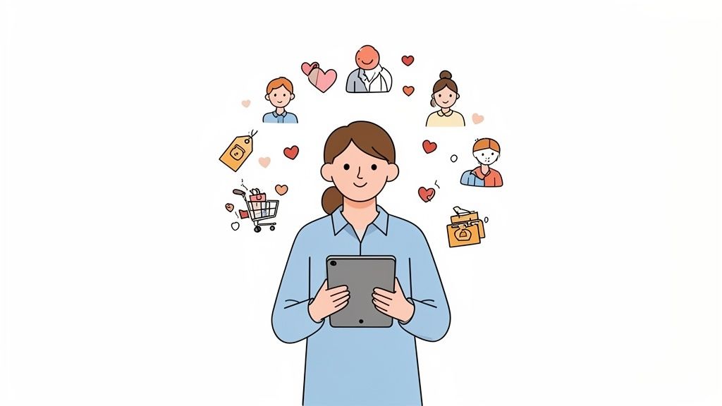 A woman uses a tablet, surrounded by customer profiles, shopping items, and hearts.