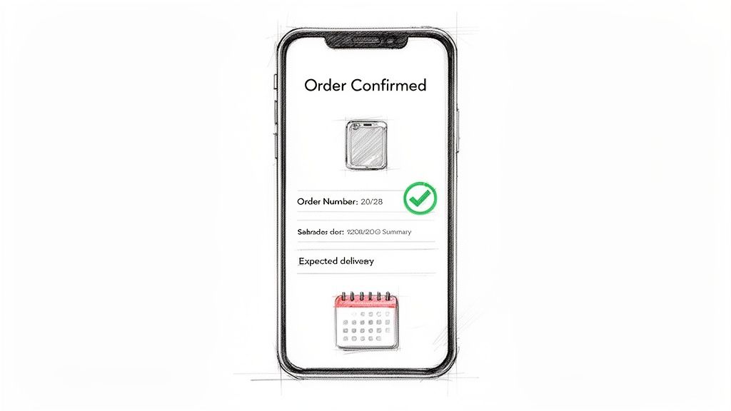 A sketch of a smartphone screen displaying an order confirmation with a green checkmark and calendar icon.