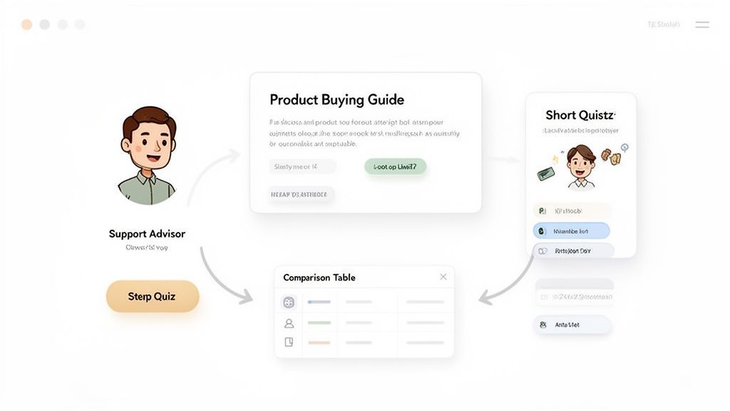 A diagram illustrating a customer support advisor interacting with product buying guides, quizzes, and comparison tables.