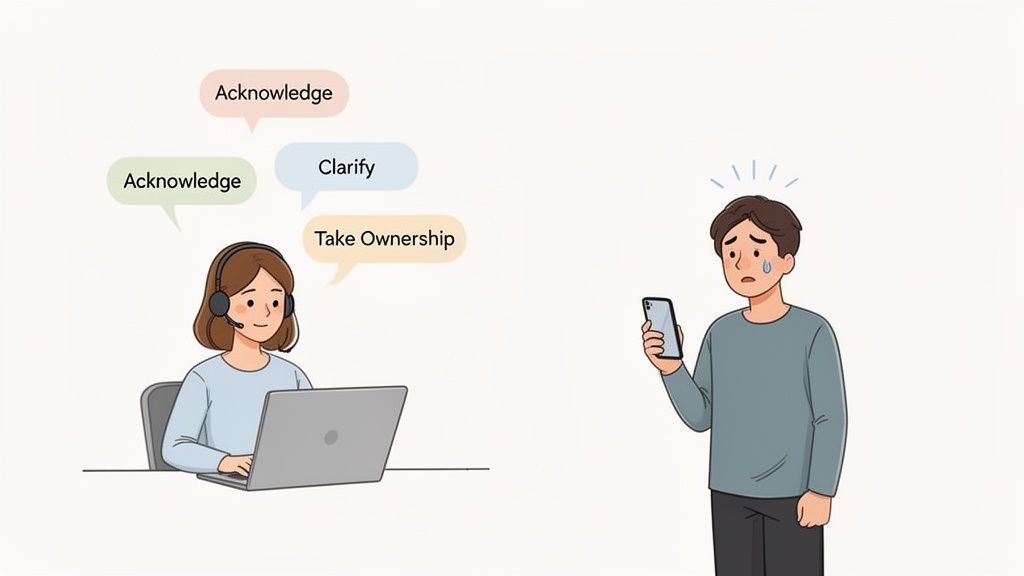 A customer service agent calmly supports a distressed customer, showing steps like Acknowledge, Clarify, and Take Ownership.
