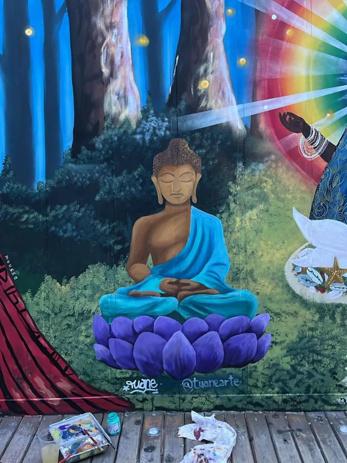 Live painting mural de Buda no evento SoulMar em Florianópolis