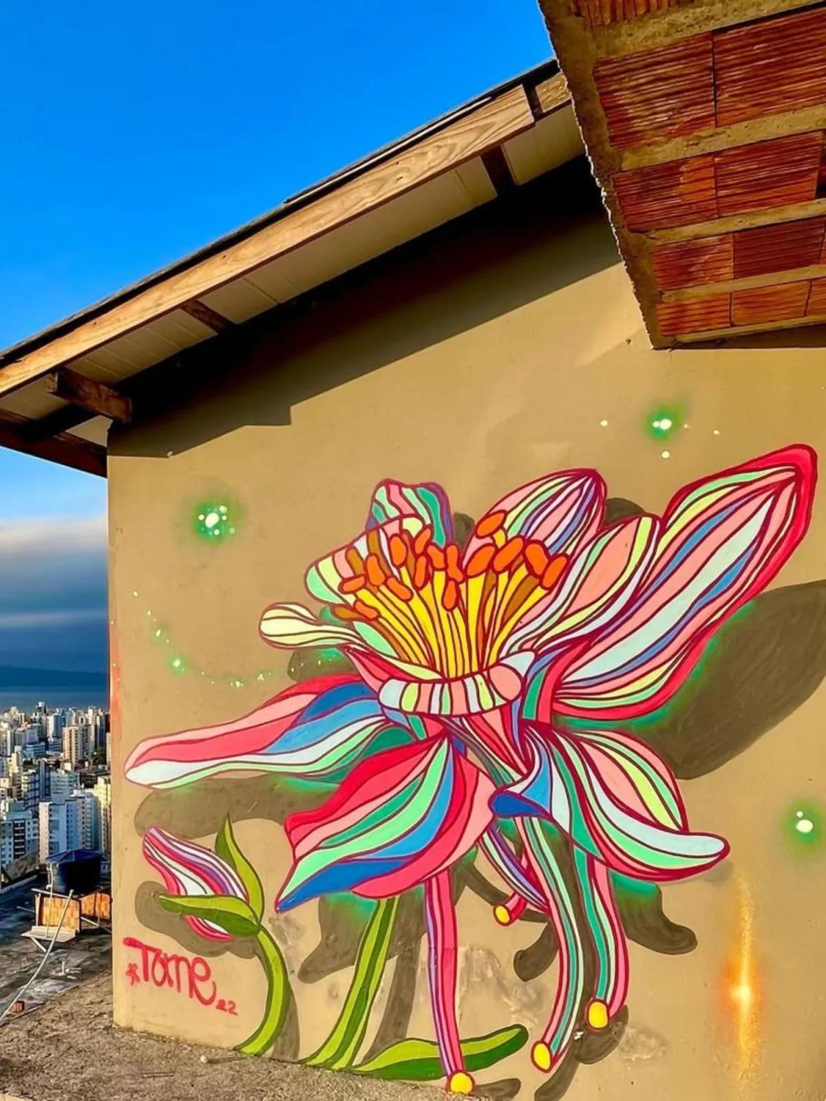 Mural floral colorido em parede externa em Florianópolis